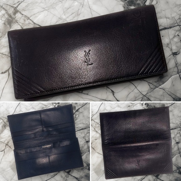 YSL leather wallet full-size thin classic Luxury Yves St Laurent dark blue #Ho71 - Picture 2 of 4